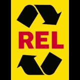REL recycling symbol with red text on yellow background and black arrow design indicating product reusability